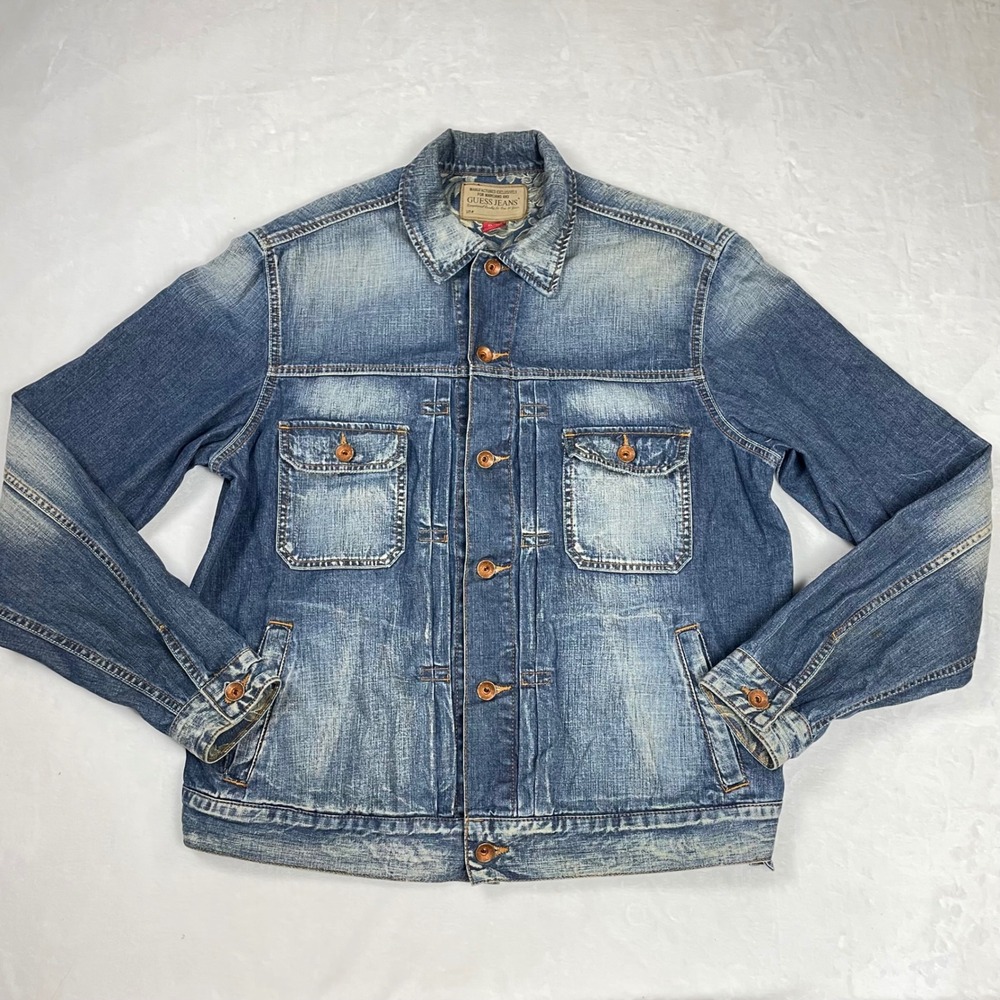 Guess Jeans Denim Jacket Cotton Women XL Blue Good Y2K Trucker Floral Trim